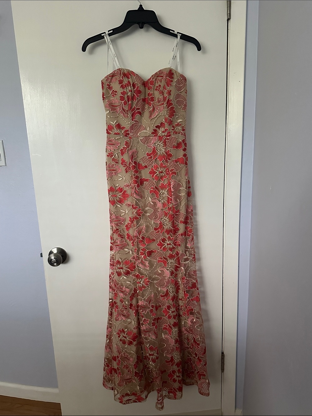 Speechless Strapless Sweetheart Floral Lace Gown in Coral and Beige